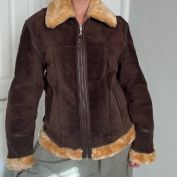 Y2K bomber style aviator shearing leather Brown Avirex style jacket - Picture 1 of 6